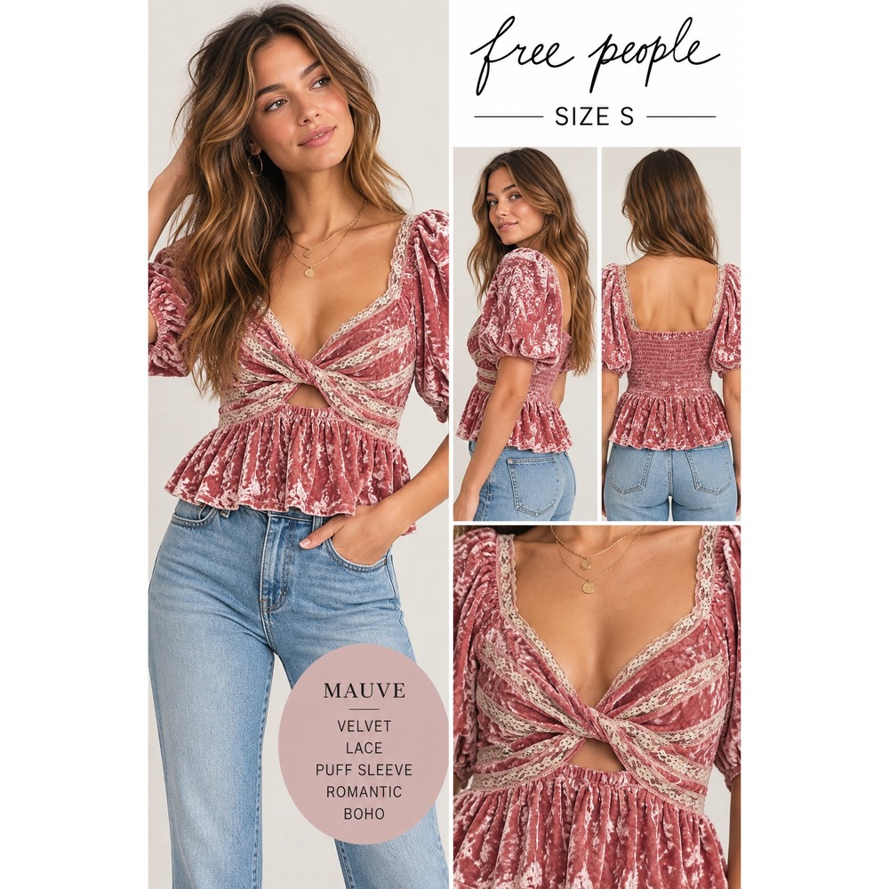 Free People S Mauve Velvet Lace Top NWT Puff Sleeve Romantic Victorian Boho
